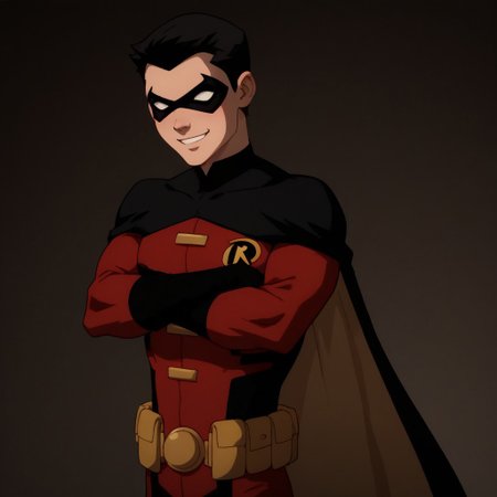 score_9, score_8_up, score_7_up, highly detailed, cute boy, 1boy, solo, timdrakeyj, red outfit, robin symbol, black cape, utility belt, domino mask, black hair, smile, arms crossed, fighting stance,