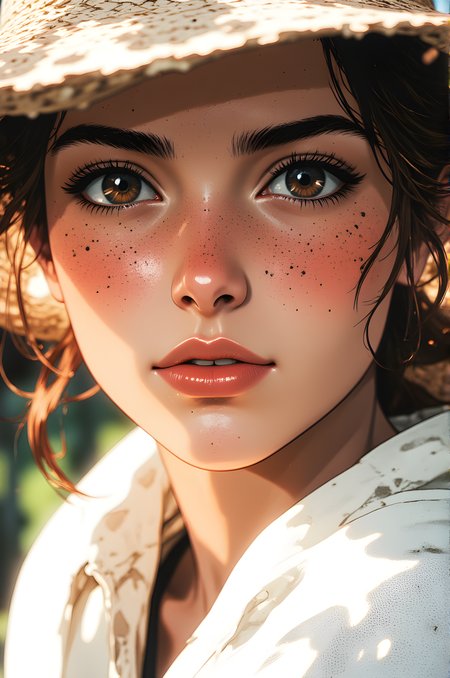 The scene is a close-up portrait that captures an intimate and serene moment. The subject's face is illuminated by soft, natural light that highlights the contours of her features with warmth and clarity. She wears a wide-brimmed hat, its texture suggesting it is made of woven straw or a similar material. The hat casts gentle shadows across her forehead, adding depth to her visage while also framing her face in a rustic, timeless manner.
Her eyes are striking, their deep brown irises gleaming with a quiet intensity. Her gaze is direct and steady, as though she is fully aware of the viewerâs presence yet remains unflinching in her composure. Freckles dot her cheeks and nose, adding a touch of natural charm and character to her appearance. Her skin is smooth but bears the subtle signs of outdoor lifeâperhaps from hours spent under the sun or amidst nature.
Her lips are slightly parted, revealing a hint of vulnerability beneath her composed exterior. The lighting accentuates the texture of her skin, highlighting the fine details like freckles and the delicate lines around her eyes, which suggest both youth and experience. A glimpse of her attireâa light-colored garment that appears to be made of soft, natural fabricâadds to the overall sense of simplicity and authenticity.
The background is softly blurred, drawing all attention to her face. The warm tones of the setting suggest a sunny day, perhaps in a rural or pastoral environment where the air feels fresh and open. The interplay of light and shadow creates a harmonious balance, making the image feel both grounded and ethereal. It is a moment frozen in time, where every detailâfrom the texture of her hat to the subtle nuances of her expressionâinvites the viewer to linger and appreciate the quiet beauty of the scene.
j_art, anime, anime art, <lora:FLUX\jul\J_Anime:0.7>, <lora:FLUX\RealAnime:0.7>
