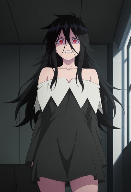 1girl,solo,mm,mature female,long hair,black hair,red eyes,hair between eyes,bangs,anime coloring,
collarbone,off shoulder,bare shoulders,dress,cowboy shot, looking at viewer, light frown, clenched teeth, indoors
,masterpiece,best quality,amazing quality,<lora:Sentouin_XX-Sentai_Daishikkaku:0.8>