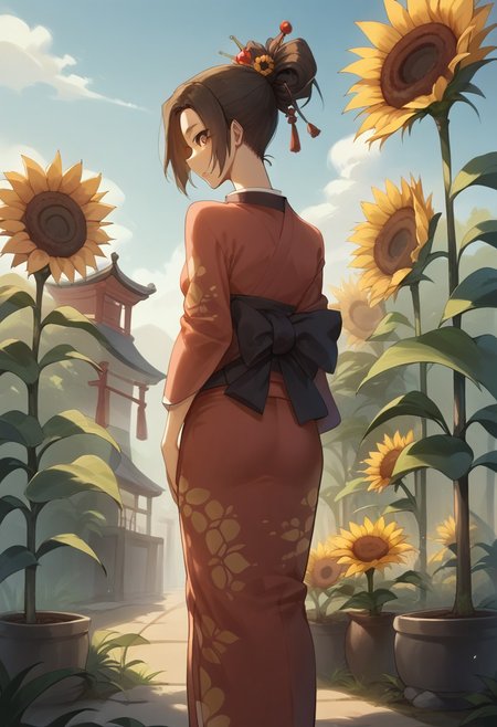 score_9, score_8_up, score_7_up,rating_explicit,1girl,solo, fuu, tight kimono,  hair ornament, hair stick, ponytail, outdoors, looking back, slim, skinny, slim hips, from behind, sunflower