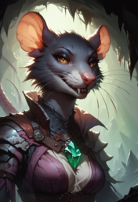 score_9, score_8_up, score_7_up,
Skaven, skaven female, upper body, portrait, close view, smiling, looking at viewer, seductive look,
cave background, green crystals in cave, dim lighting