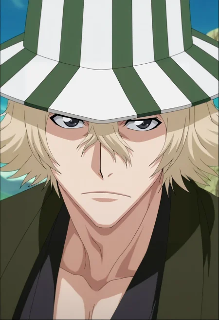 masterpiece, best quality, , anime screencap, anime coloring, , , 1boy, solo, male focus, <lora:kisuke_urahara_ilxl:1>, kisuke_urahara, blonde hair, black eyes, short hair, hair between eyes, , hat, ,