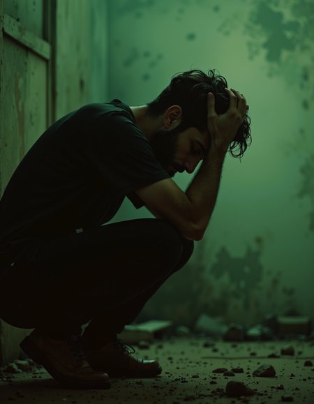 A cinematic photography.
A dark orange and distressed mind, overflowing with sorrow and anguish, yet clinging to the remnants of hope amidst the desolation. The scene is a haunting representation of emotions, evoking a sense of green melancholy and introspection that invites the viewer to contemplate the mental health of the person who bothers, foreboding colors.