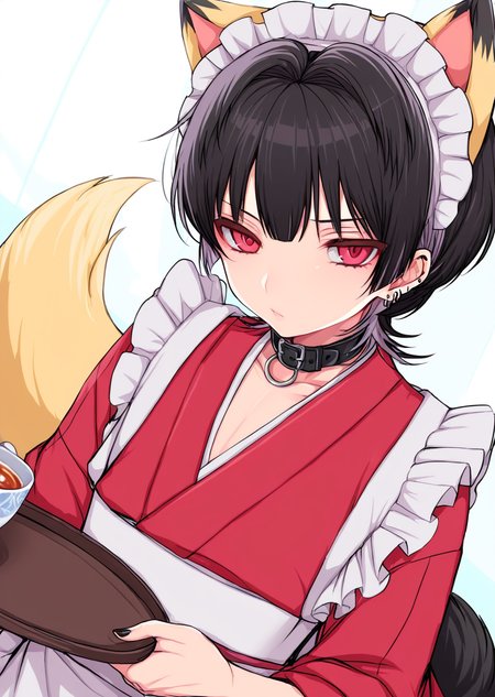 <lora:ShimizuAkina250208:1>,ShimizuAkina,OcBoy,1boy,male focus,animal ears,tail,black hair,red eyes,maid headdress,solo,maid,cup,apron,otoko no ko,collar,ear piercing,earrings,looking at viewer,japanese clothes,holding,tray,crossdressing,jewelry,piercing,teacup,<lora:NOOB_vp1_detailer_by_volnovik_v1:1>,<lora:noobai_ep11_stabilizer_v0.138_fp16:1>,