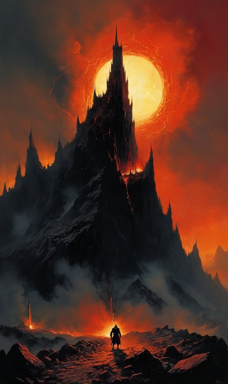 night mountain close, Barad-dûr, eye of Sauron, lightrays, blazing, Maurice Sapiro, Stefan Koidl, Nazgûl, Howard Lyo, Paul Bonner, Steven Belledin, Stanley Lau, Andreas Zafiratos, Shishizaru, zdzislaw Beksinski, Frank Frazetta, night, painting romanticism era, darkness, bleak, monochrome red<lora:xl_more_art-full_v1:0.3>