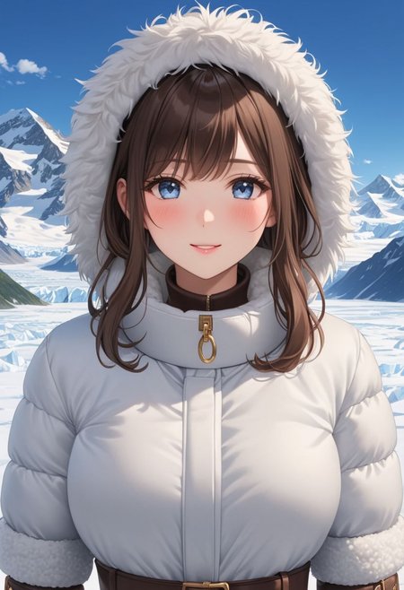 ((((white Oversized shearling down jacket)))), ((((white Oversized shearling puffer jacket)))), ((((white Oversized shearling winter clothes)))), ((((very very cold, in cold)))), ((((semi-realistic)))), ((((puffer hood)))), ((medium knee office skirt, pantyhose, boots)), ((((full body)))), ((sharp eyelid, eyeliner, eyelashes, beautiful detailed eyes, tsurime, long messy brown hair, blue eyes, perfect anatomy)), detailed fingers, solo, smile, standing, icefield, ((((masterpiece)))), ((((best quality)))), ((intricate details)), RAW, 8K UHD, (1girl), office lady, detailed face, beautiful face, charming, bonny, (((blush))), (((heavy breathing))), (((feels orgasm))), wind, (Thick padded collar:1.4), (TSH:1.4), (Thick padded cuffs:1.4)