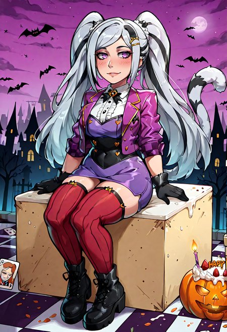 IllustriousQual, <lora:StS-Illustrious-Detail-Slider-v1.0:2> <lora:cfg_scale_boost:0.3> <lora:StS_Age_Slider_Illustrious_v1:3>,detailed_background,outdoors,ace \(playing card\),hairpin,hair ornament,shorts,cheshire cat \(alice in wonderland\) \(cosplay\),light smile,tail,open clothes,marvel,grey hair,vertical-striped thighhighs,streaked hair,very long hair,purple jacket,thighhighs,long hair,checkered floor,multicolored hair,food,kemurigi ill,multiple hairpins,mobile suit,fancy dress party \(idolmaster\),bodysuit,striped clothes,black footwear,cosplay,cat tail,mecha,superhero costume,happy halloween,1girl,jacket,white shirt,open jacket,twintails,halloween,peni parker,cake,zettai ryouiki,long sleeves,red thighhighs,shirt,gloves,sitting,coco7