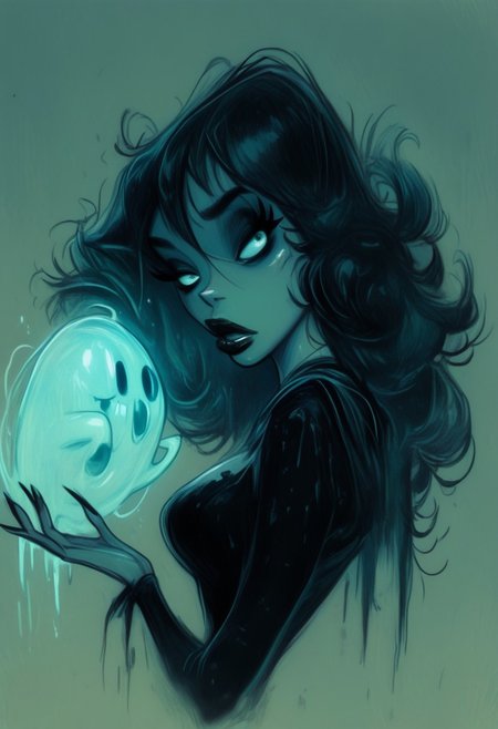 score_9, score_8_up, score_7_up, keener, 1girl, solo, straight black hair, long black dress, black nails, dark red lips, haunted house background, ghosts, dystyle, MandyDY