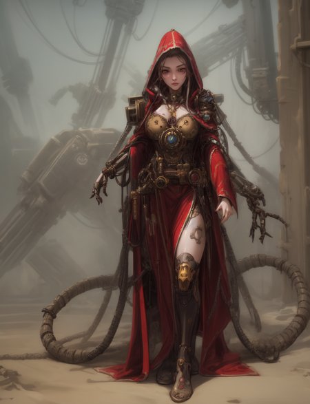 Ultra-realistic 8k CG, masterpiece, best quality, (very detailed face),masterpiece, best quality, 1girl, 20 years old, woman, colorful, (full body, wide shot),  <lora:more_details:0.8>  <lora:techpriest:0.8> mechanical arms, steampunk, hood, robe, techpriest, forgeworld, adeptus mechanicus,