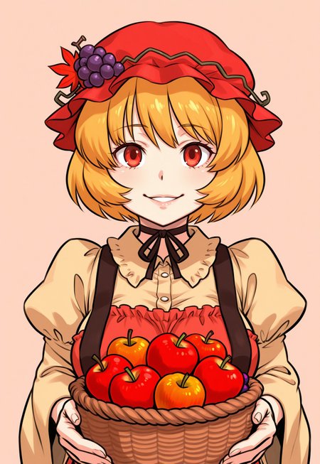 masterpiece, best quality, aesthetic, colorful, <lora:DittoHead7-8:1>, BREAK, (Aki Minoriko), smile, happy, parted lips, basket, apple, grape, vegetable, carrying, leaves in the wind, maple leaf, female focus, simple background, looking at viewer, feeding viewer, feeding, holding food,