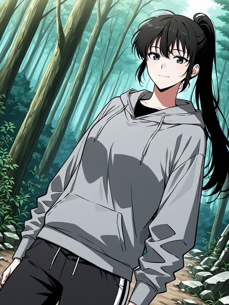 <lora:Omniscient_Readers_Viewpoint__Lee_Jihye:1>
1girl, solo, long hair, black hair, tied hair, high ponytail, black eyes, messy bangs, 
gray hoodie, black t shirt, black track pants, white stripe pants, white sneakers, modern clothing, 
score_9, score_8_up, score_7_up, very aesthetic, source_anime, detailed, high quality, beautiful, masterpiece, detailed eyes, forest, tree, ruins, cowboy shot, dynamic angle, upper body, light smile, dynamic pose