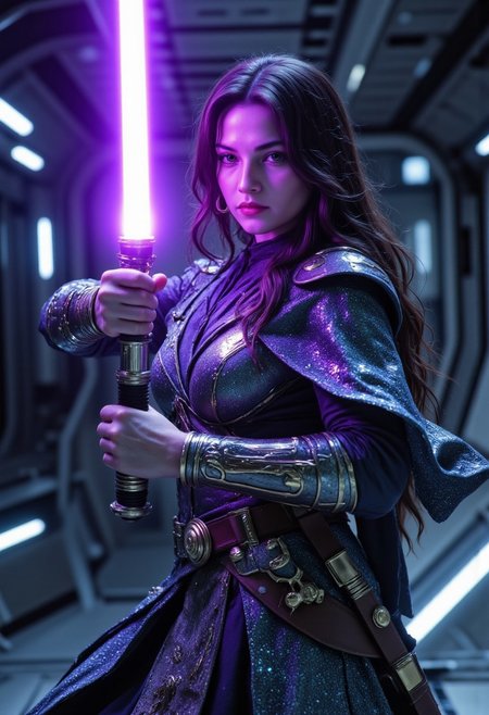 realistic, PHOTOREALISTIC, ((perfect anatomy)), (futuristic warrior holding purple lightsaber:1.3),  25 years old, perfect quality, high quality,(sci-fi, star wars, jedi knight, empress, married), Jaina solo, big brown eyes, dark brown hair, long straight intricate hair, athletic female, ((fitness models, muscle detail, detailed muscle)), long athletic muscular legs, athletic round muscular butt, athletic hips, perfect breasts, perfect body, epic, long hair, intricate hairstyle, cute, soft skin, soft skin, textured skin ,shining glossy skin, soft abs, athletic waist, (slender body),  sci-fi, futuristic, ((intricate transparent flowing sheer jedi robes showing sexy body underneath:1.2, armor parts on body:1.2, marble armor:1.2, greave, boots)), glowing Kintsugi tattoos on body:1.3, Expressiveh, (volumetric lighting:1.2), cinematic, cinematic lighting, reflections, ultra hd, visual effects, graphic effects, ambient occlusion, raytracing, soft lighting, realistic, blum effect, masterpiece, absolutely eye-catching, particles, glow, shining, (intricate cinematic background, on space station, outer space in background, Jaina is violently dueling unseen sith lord, dimly lit room, seducing viewer, god rays), (beautiful face), R3alisticF, Perfect hand, Detailed hand, 5 fingers on each hand