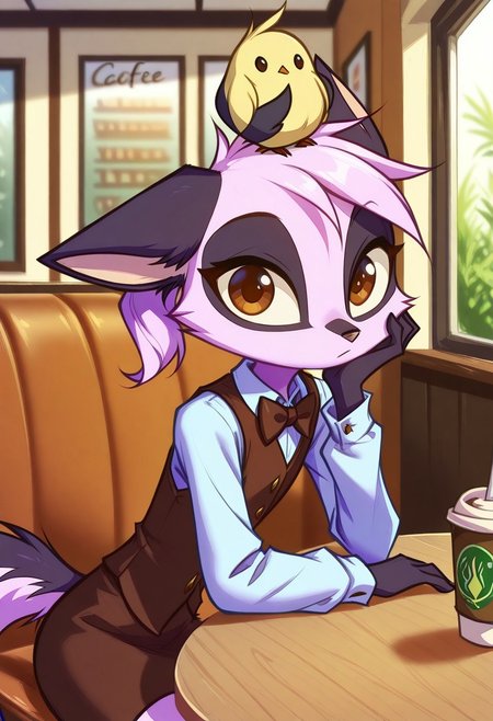Dreamkeepers,1girl,Prelude_Vi,solo,furry,tail,source_furry,hazel eyes,
child, kid, 
periwinkle hair, vest, collared shirt, skirt, long sleeves, bowtie, animal on head,  expressionless, arm support, hand on chin, depth of field, indoors, looking at viewer, cowboy shot, sitting, table, cafe,