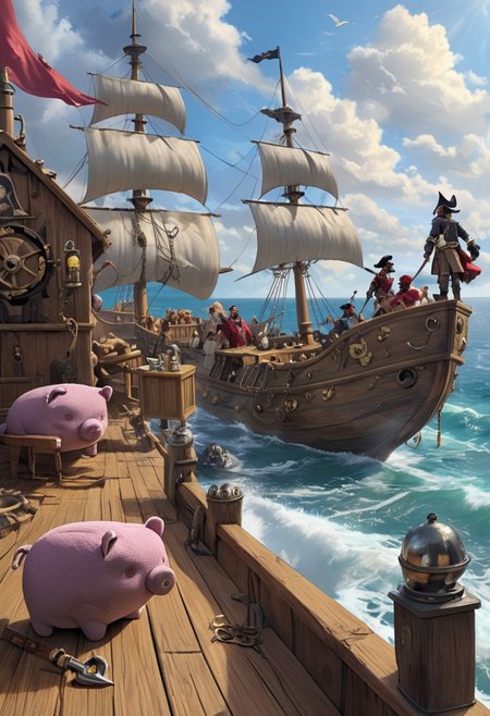 Boopig sails the seven sees, purple plush, pirates, booty, eyepatch, beard, treasure, cannon balls, multiple small boopig pirates, on a wooden pirate ship, from side, illustration, style of magic realism style, adventurous, happy, fun, majestic, masterpiece