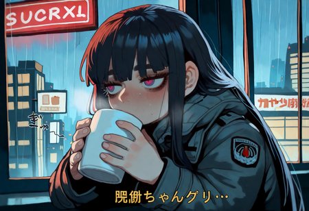 1girl,   black hair, very long hair,          
BREAK   1girl, drinking hot chocolate,     sound effects, 
BREAK    Sharp eyeliner,        torn clothes,   black military coat, military uniform,  (neon lights), future, futuristic city, graffiti, (rain),    
BREAK (mossacannibalis:1.05), (zyugoya:0.8), (koto inari:0.85), masterpiece, best quality, very aesthetic, newest, <lora:ponyv4_noob1_2_adamW:0.6>