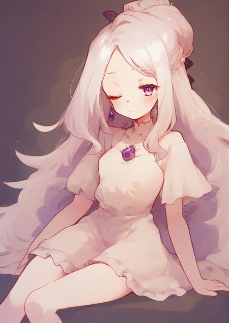 1girl,colored skin, dress, fewer digits, looking at viewer, no feet, one eye closed, purple eyes, solo, white dress, white hair, white skin,zPDXL3 <lora:rimukoro:1>