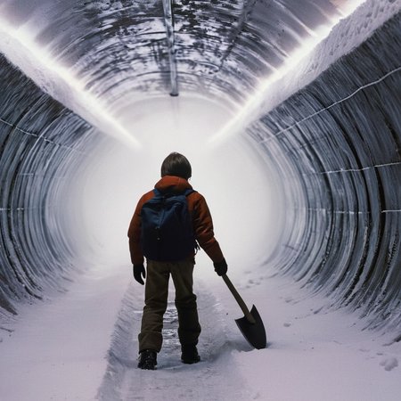 UHD, 4k, ultra detailed, cinematic, a photograph of  <lora:perfection style:0.5> <lora:detailed:0.5> perfection detailed
 <lora:The Shining film style:0.9>
 <lora:1980's style:0.4>
In the 1980's in the Colorado Rocky Mountains a person walking through a tunnel in the snow while holding an axe,solo,1boy,holding,standing,pants,bag,from behind,backpack , cinematic, film, kodak, The Shining film style, epic, beautiful lighting, inpsiring