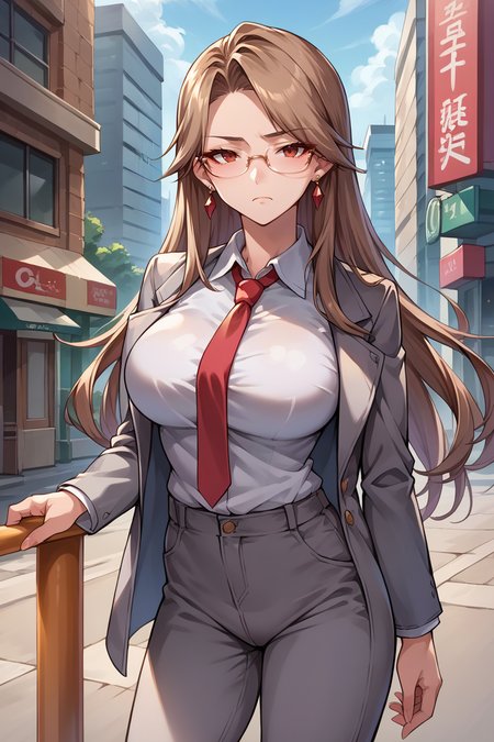 score_9, score_8_up, score_7_up, score_6_up, source_anime BREAK 1girl, solo   <lora:katalina-pdxl-nvwls-v1-000007:1> defKat, brown hair, long hair, earrings, large breasts, grey suit jacket, white shirt, collared shirt, red necktie, grey pants, city, looking at you, glasses, bored