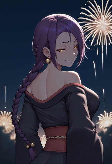 anime, masterpiece, best quality, solo, 1girl, chkjn, smug, closed mouth, looking back, purple hair, single braid, hair bell, yellow eyes, japanese clothes, black kimono, off shoulder, red sash, earrings, bare shoulders, outdoors, night, fireworks
<segment:yolo-Anzhc Face seg 640 v2 y8n.pt,0.4,0.5//cid=1>