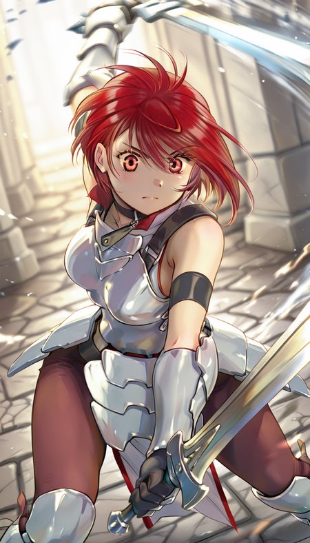 IllusP0s,masterpiece, best quality,(ultra detailed eyes:1.4),((ultra detailed heir:1.4)), ((explicit)), <lora:perfection style v2d:1> ,((dynamic angle)),((dynamic pose))
BREAK
1girl,v3sta_novel,light red eyes
Sleeveless front dress, red pants, belt, choker, armlet, armor, Gauntlets, Steel Demi-Greaves,
sword, Dual swordsmanship
BREAK
 cobblestones, passageways, 
  <lora:Vesta_-_100percent_-_novel:1>