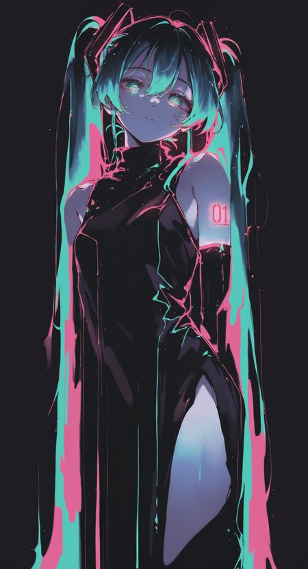 masterpiece, best quality, good quality, newest, highres, absurdres, Hatsune Miku,limited palette,black background,colorful,vibrant,glowing outline,neon,blacklight,looking at viewer, Ethereal Brushstroke,dhjs,
melanch0ly, retro anime,
(oharu-chan:0.85), (shimashiro itsuki:1.2), <lora:illustriousXL_stabilizer_v1.23:0.3> <lora:NOOB_vp1_detailer_by_volnovik_v1:0.3> <lora:ponyv6_noobE11_2_adamW-000017:0.45> <lora:Illustrious:0.15> <lora:ma1ma1helmes_b-000014:0.6> <lora:MelancholyAnime:0.6> <lora:dhjs_0010-waiNSFWIllustrious_v110_V1-CAME:0.85>