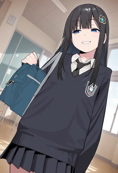 masterpiece,best quality,amazing quality,
1girl, school uniform, solo, black hair, long hair, necktie, smile, hair ornament, blue eyes, black necktie, bangs,
<lora:Imamura_Ryou:1>