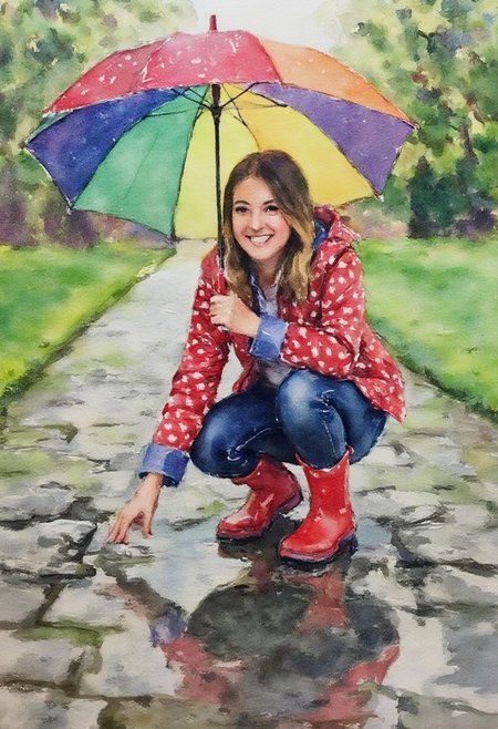 A watercolor painting captures a young woman, angled from slightly above and to the right, crouching low to the ground in a puddle. The young woman is wearing bright red rubber boots and a red jacket with white polka dots. The jacket sleeves are pushed up to reveal blue cuffs. The young woman also wears dark blue jeans and has a smile on her face as she extends her right index finger to touch the water in the puddle. Above the young woman is a large, open umbrella with rainbow-colored panels and a red handle. The ground is wet and paved with grey stones, reflecting the sky and umbrella. The background is slightly blurred, showing hints of green grass and trees. The lighting is overcast and diffused, typical of a rainy day.