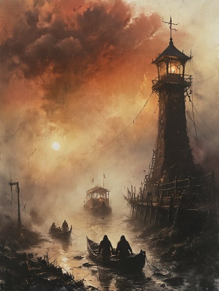 Bronze punk, a medieval dilapidated ferry station with a rope stretched across the river and a raft in dense fog, 34K uhd, masterpiece, high detail, 8k, intricate, detailed, high resolution, high res, high quality, <lora:add-detail-xl:1.8>, highly detailed, Extremely high-resolution details, fine texture,