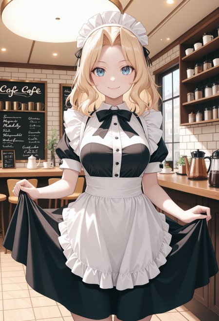 masterpiece,best quality,absurdres,highres,very aesthetic,high quality,detailed,insanely,  looking at viewer, 
 <lora:Kay illu v2 :0.9>, 
1girl, blonde hair, hair intakes, blue eyes, 
indoors,cafe,(maid:1.4),maid headdress,apron,(skirt hold:1.2),standing,cowboy shot,smile,