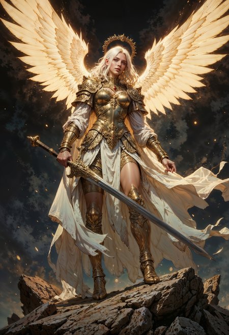 a highly detailed, digitally rendered illustration depicting a powerful, female angelic figure standing on a rocky terrain. The female angel has long, flowing white hair cascading down her back. Her skin is fair, and she is adorned in elaborate, golden armor that covers her chest, arms, and legs, giving a sense of both strength and nobility. A white, tattered cape billows behind her, adding a dynamic sense of movement to the scene.
The most striking feature of this beautiful angel is the enormous, luminous golden wings that spread majestically behind her. The wings are detailed with intricate feather-like structures, glowing with an ethereal light that contrasts sharply with the dark, rocky background.
The angel holds a large, gleaming sword in her right hand, which is poised as if ready for battle. The sword's blade is sharp and reflective, catching the light from the wings. The background is dark and ominous, with rocky formations and a smoky, swirling atmosphere, enhancing the dramatic and otherworldly feel of the image.
The overall style of the illustration is highly realistic with a fantastical twist, blending elements of classical mythology with modern digital art techniques.