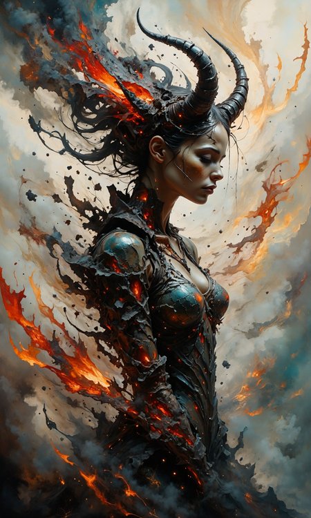 Side view of a demon womanâs silhouette, fading into streams of ash and dark particles with faint ember-like glows; her horns and sharp features dissolve gradually, with wide disintegration effect trailing into the darkness; a dim red glow from behind highlights her fading form, creating a mysterious and sinister silhouette; highly detailed particle dispersion, smoky and ethereal atmosphere, high contrast with shadowy background.