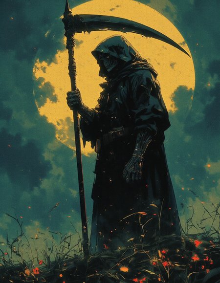 grim reaper standing in an open field, holding a large scythe, dark hooded cloak, skeletal hands gripping the scythe, misty and ominous night sky, full moon casting eerie light, shadows around the reaper, realistic details, horror atmosphere, high contrast, cinematic lighting