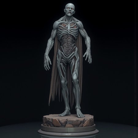 A Elderscrolls Zombie
Set against a solid dark black color background to emphasize its unsettling unnatural form that emphasizes its silhouette. The medium is not a traditional painting or illustrative medium like watercolor or ink but rather a digital 3D rendering.
MikeFranchinastyle, d4artstyle, d4concept, , bbstyle,, horror theme,, zbrush, ZBClay model of a gray sculpture, 1990's, 1990's style