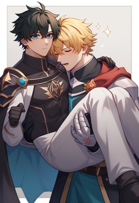 score_9,score_8_up,score_7_up,<lora:princess_carry_pony_pony:1>,multiple boys, 2boys, character: fujimaru ritsuka (male), character: fujimaru ritsuka (male) (polar chaldea uniform), character: gawain (fate), male focus, carrying, looking at viewer, open mouth, closed mouth, blue eyes, closed eyes, blonde hair, black hair, short hair, cape, armor, gloves, black gloves, jacket, black jacket, black shirt, gauntlets, command spell, fur trim, princess carry