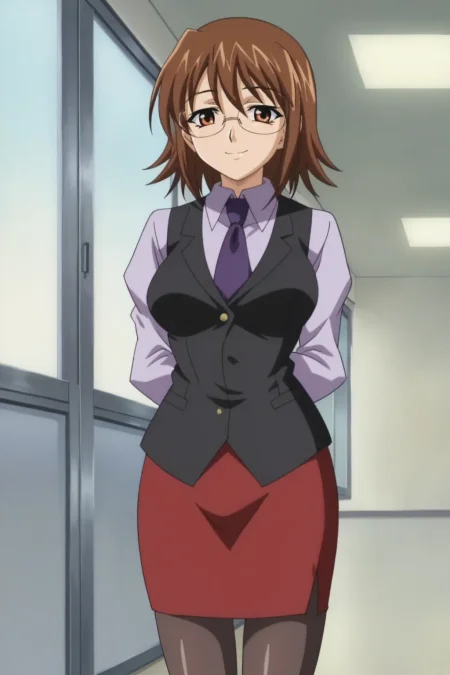 score_9, best, masterpiece, uncensored,
1girl, solo, official style, smile, closed mouth,  hands behind back,
RinkanGakuenYukaAihara, VestOutfit, black vest over light purple collared shirt with long sleeves, purple tie, vest over skirt, red pencil skirt, brown thighhighs, rimless eyewear,
pantyhose,
<lora:RinkanGakuenGirls_V4:0.8>​​​