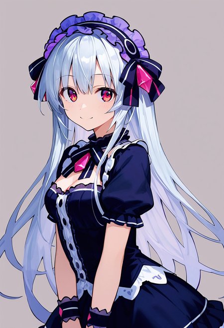 masterpiece, best quality, source_anime, detailed, 
score_9, score_8_up, score_7_up, score_6_up, score_5_up, score_4_up, 
anime coloring, 
1girl, standing, upper body, portrait, 
looking at viewer, light smile, 
<lora:Tiara:1:lbw=1,0,0,0.8,0.8,0.8,0.8,0.8,0,0,0,0>, t1ar4_ff, silver hair, black shirt, black skirt, frilled hairband, black hairband, bow hairband, pink gem, bow tie, armband, white thighighs, black shoes, garter straps, very long hair, thighhighs, white thighhighs, 
simple background, grey background,