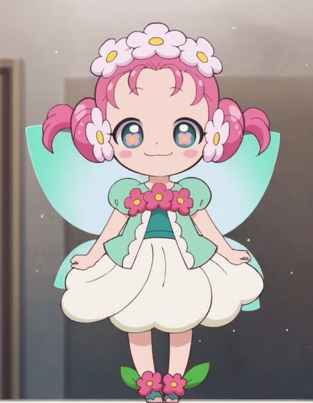 score_9, score_8_up, score_7_up, anime screencap, solo,1girl,hachan,wings, fairy, flower,  fairy wings, hair flower, dress, hair ornament, smile,cowboy shot,<lora:hachan:0.8>,