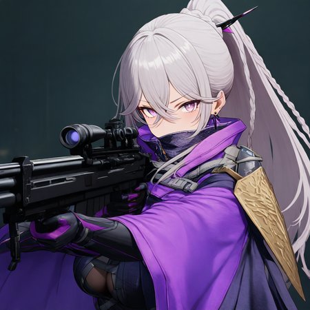masterpiece,high score,great score,absurdres,looking at viewer,1girl,solo,<lora:Nemesis_Gf2 ag4o v1:1> nemesis_gf2, grey hair, ponytail, braid, purple eyes, earrings,holding weapon,aiming,