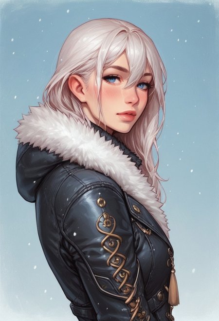 (((side view)))
1 girl, portrait, winter jacket with fur hood, long hair, winter, snowfall, 1girl solo, white hair, looking at viewer, bangs, day, blue sky, hair between eyes, outdoors, blush dramatic lights, relax,
(((full-clothed))),
BREAK 
(outdoor background:1.9) score_9, score_8_up, score_7_up, score_6_up, source_cartoon, rating_explicit, Expressiveh, (((((upper body))))), dynamic pose