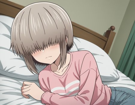 score_9, score_8_up, score_7_up, source_anime,
yanagiuzaki, <lora:yanagi-uzaki-s2-ponyxl-lora-nochekaiser:1>,
yanagi uzaki, short hair, bangs, grey hair, hair over eyes, covered eyes, long bangs, sidelocks,
shirt, long sleeves, pink shirt, collarbone, pants, denim,
indoors, bed, bed room, on side, blush, drunk,
looking at viewer, cowboy shot, solo, dutch angle,