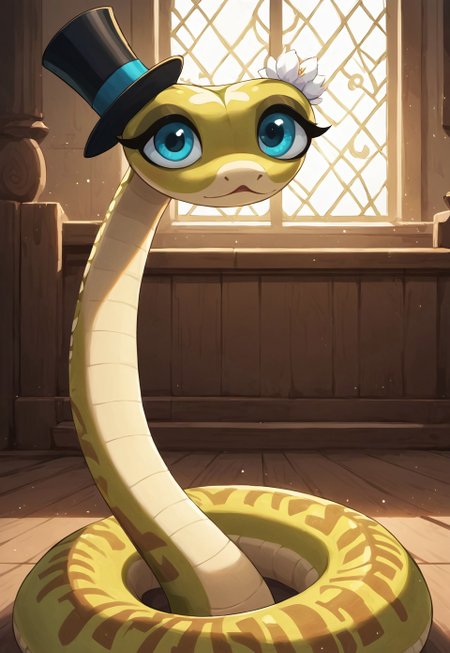 safe_pos, masterpiece, score_9_up, score_8_up, score_7_up, score_6_up, source_furry, (best quality:1.1), ultra-detailed, high resolution, highly detailed macro illustration, solo BREAK viperkfp, feral snake, solo, (beautiful detail blue eyes), looking at viewer, (cute expression, cute face:1.1), (top hat), face focus, :< BREAK indoors, ballroom, warm lighting, BREAK sharp focus, perfect lighting, extremely detailed, high detail, serene, Expressiveh, abstract background, detailed background, OverallDetail, zPDXL3