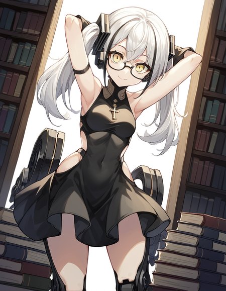 score_9, score_8_up, score_7_up, source_anime, <lora:girlsfrontline-destroyer-ponyxl-lora-nochekaiser:1>, destroyer, white hair, black hair, streaked hair, yellow eyes, cross bangs, multicolored hair,, android, bare shoulders, clothing cutout, dress, gloves, joints, mechanical legs, robot, robot joints, side cutout, twintails,, library, reading books, glasses, quiet, focused, shelves of books, smile, hands behind head,, looking at viewer, solo,, dutch angle, cowboy shot