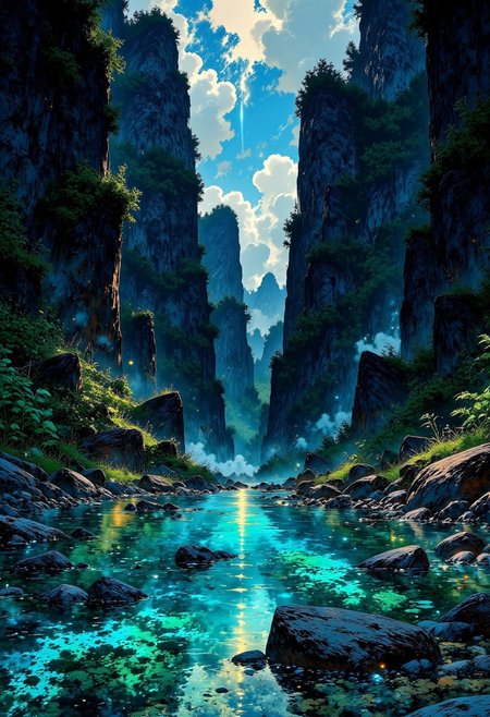 Philippines Enchanted River – Blue Depths & Towering Cliffs
"A mystical river hidden deep in the Philippines, where the water glows an almost surreal shade of deep blue. Towering limestone cliffs surround the river, their surfaces covered in a thick blanket of moss and ferns. The riverbed seems to disappear into an unknown depth, adding to its enchanted beauty. Sunlight pierces through the thick canopy above, illuminating the water with a mesmerizing, otherworldly glow."