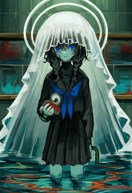 1girl, skirt, blue eyes, solo, halo, school uniform, holding, looking at viewer, braid, wading, twin braids, veil, serafuku, black skirt, shirt, black shirt, neckerchief, pleated skirt, long hair, sailor collar, black serafuku, bangs, long sleeves, blood, standing, indoors, parted lips <lora:shiunXL_NB11_lokr_V6311P:0.95>