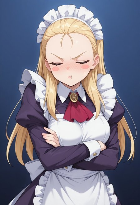 1girl,solo,cute,
misuzu asahina ,blonde hair, long hair,forehead, closed eyes,  lipstick purple
maid, maid apron, maid headdress,
tsundere, blush, looking_away, angry_blush, embarrassed, fidgeting, pout, sweatdrop, blush_stickers, tsundere_face, 
crossed_arms, defensive_pose, turned_head, body_facing_forward_while_looking_away, tsundere_pose, raised_shoulder, awkward_stance
looking at viewer,portrait
Simple blue background,(soft focus:1.3), 
masterpiece, amazing quality, best quality, ultra-detailed, 8K, illustration, CG, shiny hair, clear skin, ultra-detailed-eyes, eyelashes, highly detailed,