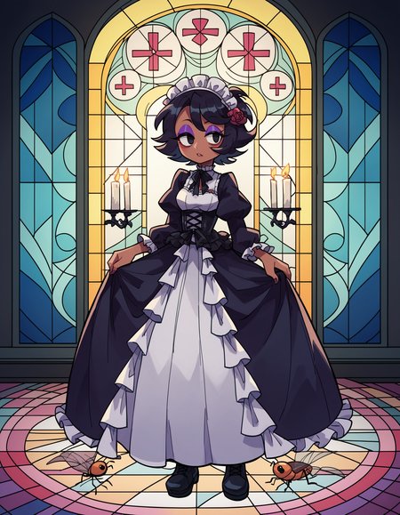 zPDXL, score_9, score_8_up, score_7_up, source_anime, 1girl, solo, absurdres, 4k, <lora:anapijama:0.8> anapijama
short hair, black eyes, messy hair, purple eyeshadow, tan, bug, beetle, black hair, 
lower eyelashes, upper eyelashes, eyeliner, Gothic Frilled dress, long skirt, Headdress, bowknot, hair ornament, multicolored flower, black fishnet_pantyhose, garter straps, Lace, cross-laced footwear, frilled blouse, ribbon-trimmed sleeves, puffy sleeves, , frilled drawers  +++ candlestick, stained glass, intricate gothic architecture