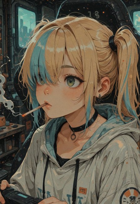 ukiyo-e, ligne_claire, (phantom_ix_row,ireading,akizero1510,alchemaniac:0.4), 
1girl, green eyes, two toned hair, blonde hair, (blue hair:1.3), twintails, hair over one eye, bangs, long oversized hoodie, black choker,
smoking, close-up,
indoors, gaming chair, screen light