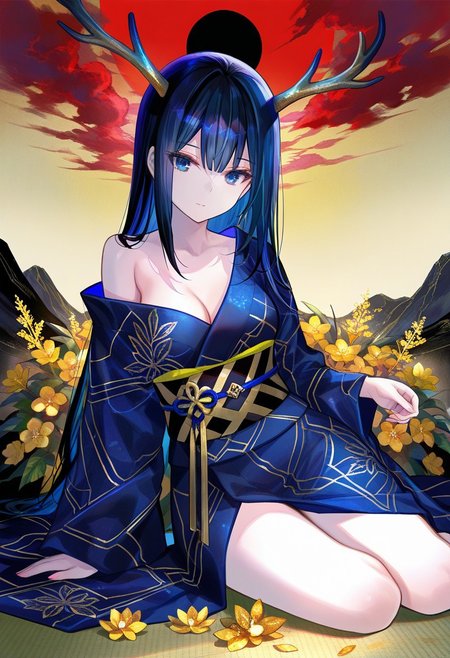 (Opening:0.0), 
1girl, masterpiece,best quality,amazing quality, 
(Artists:0.00), 
fuzichoco, 
(Traits:0.0), 
antlers, dark blue hair, small breasts, (pale skin:0.8), (blue eyes:0.8), 
(Dress:0.0), 
Yukata, off shoulder,
(Scene:0.0), 
Red clouds, black stars, black moon, yellow background, gold flowers, yokozuwari, gradient background