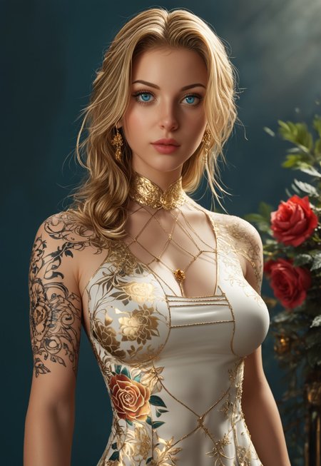 safe_pos, Caucasian, perfect body, safe_pos, Full sexy female, ornaments, flowers, golden jewelry, golden tattoos, fractal patterns, fully clothed, 8k UHD. A stunning blonde woman with blue eyes, wearing a form-fitting bodysuit with floral and fractal designs in blue, red, and gold. Intricate golden jewelry and tattoos. Background features golden roses and floral patterns, soft warm lighting, (((upper body)))
((standing, upper body shot, pose variation:1.5, alternate pose:1.5))
 (8k uhd:1,4)
 <lora:Dynamic Poses:1>
 <lora:detailed_notrigger:1>