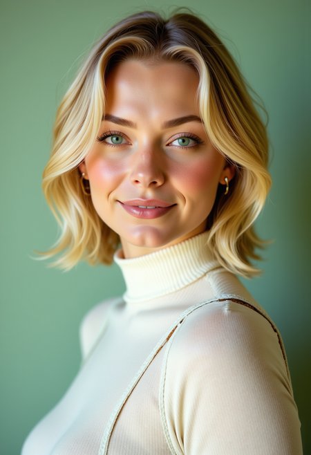headshots,Hyperrealistic, she is smiling, dynamic angles, multiple angles, photoshoot poses;  A photo of BLF01HD, a woman with blonde hair and green eyes,  a woman wearing a white turtleneck and busty breasts, Simple light green background, and the lighting is soft, creating a dramatic effect., creating a focused and dynamic pose.; the scene is set in a beautiful well-lit environment, with a sense of action and adventure. Style: realistic hyper-detailed rendering, 32k UHD, expressive eyes, punk, graphic design, girl's face, pretty and cute, gleaming lips, telling a tale of adventure. Exuding confidence and serenity. The overall mood of the image is happy and relaxed, detailed skin texture,(blush:0.2),(goosebumps:0.3), subsurface scattering,with a playful and whimsical tone,perfect hand, hand, detailed hand,niji style,retro50s_style,